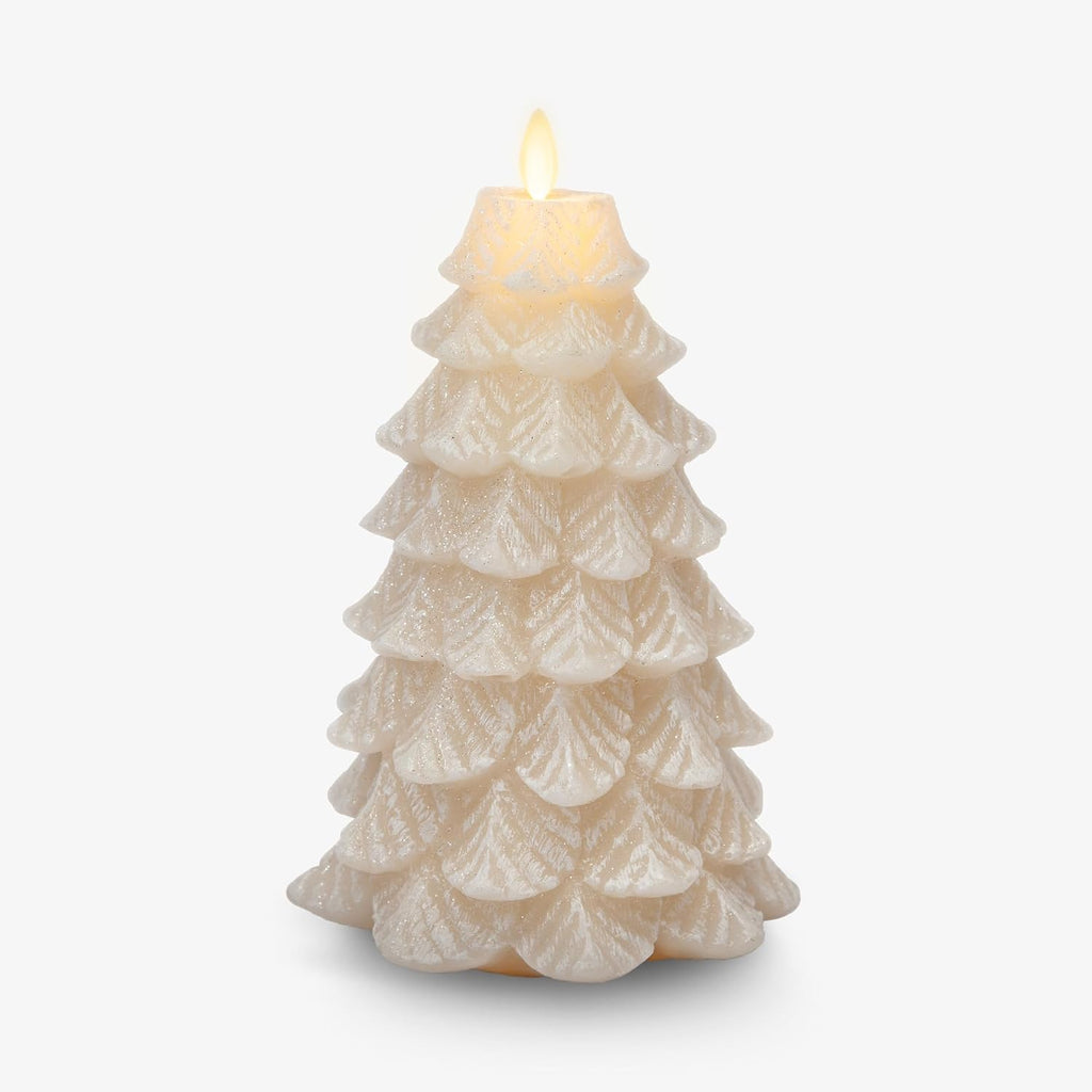 Luminara Christmas Tree Flameless LED Candle, White Swan 5.35" x 8.5", Moving Flame Battery Operated Timer, Holiday Decor, Glitter Snow Finish Safe