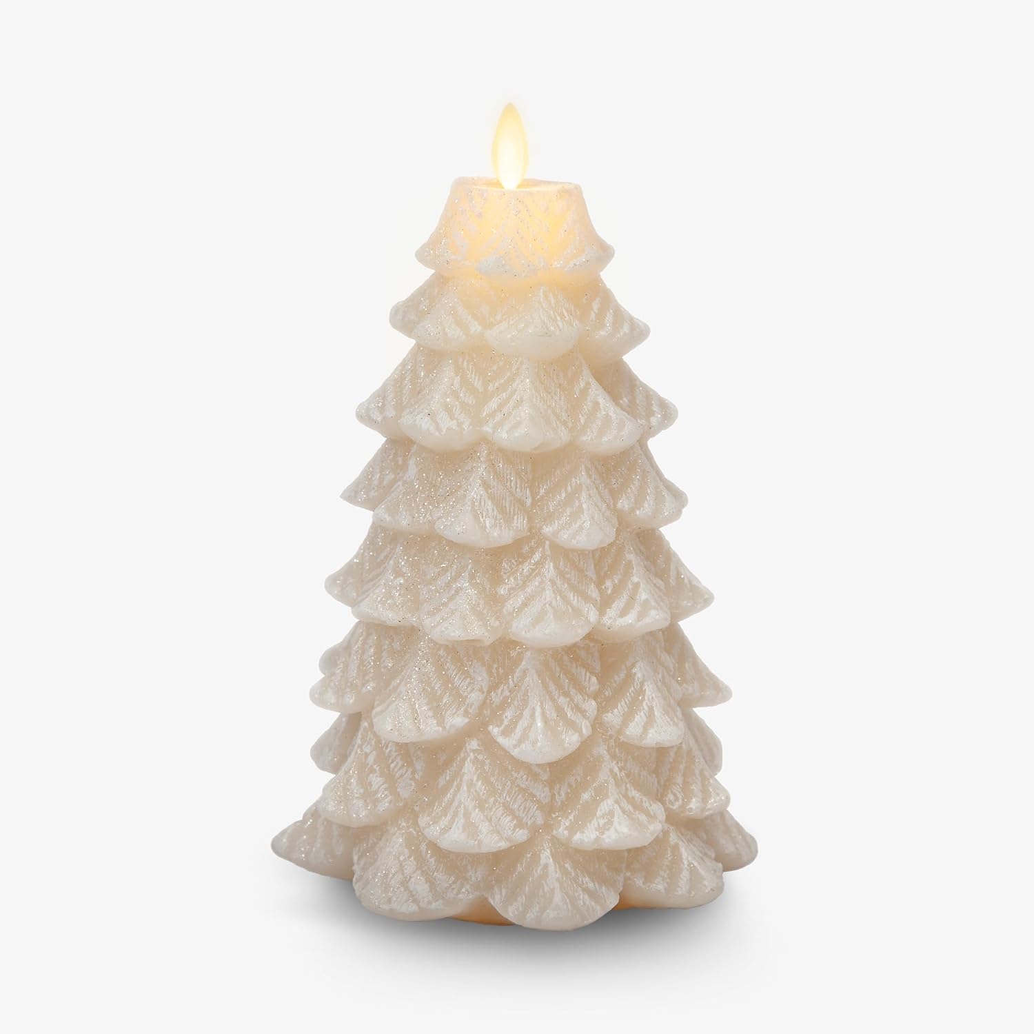 Luminara Christmas Tree Flameless LED Candle, White Swan 5.35" x 8.5", Moving Flame Battery Operated Timer, Holiday Decor, Glitter Snow Finish Safe