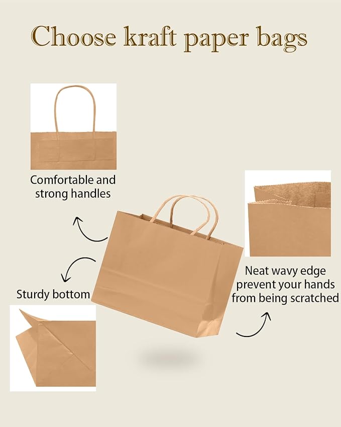 qiqee 50-Packs Brown Paper Gift Bags with Handles Bulk 12.6"x4.3"x10" Wide Large Size Party Favor Bags Multiple Uses