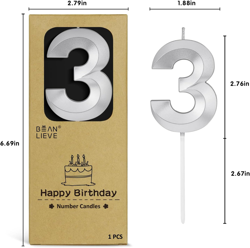 BEAN LIEVE 2.76 Inch Silver Number Candle 3 - Elegant Diamond-Cut Number Birthday Candles,Birthday Cake Topper for Wedding, Anniversary, Birthday Party Decor