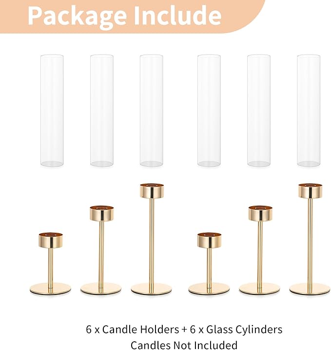 NUPTIO Hurricane Candle Holder for Candlestick: 6 Pcs Gold Taper Candlestick Holders - Tall Modern Candles Stick Decor with Cylinder Shape Cover for Dinner Table Centerpiece