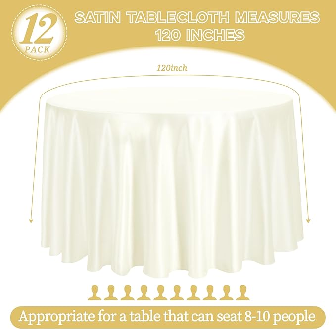 fani 12 Pack 120 Inch Ivory Satin Tablecloth - Premium Bright Silky Round Tablecloth Overlay Smooth Fabric Table Cover, Table Decoration for Wedding Party Banquet Events Restaurant Kitchen Dining