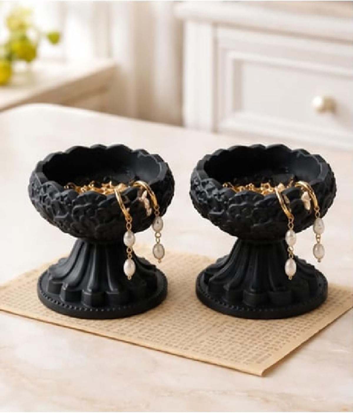 2 Piece Decorative Footed Candle Holder Jewelry Bowl Stone Composite - Black