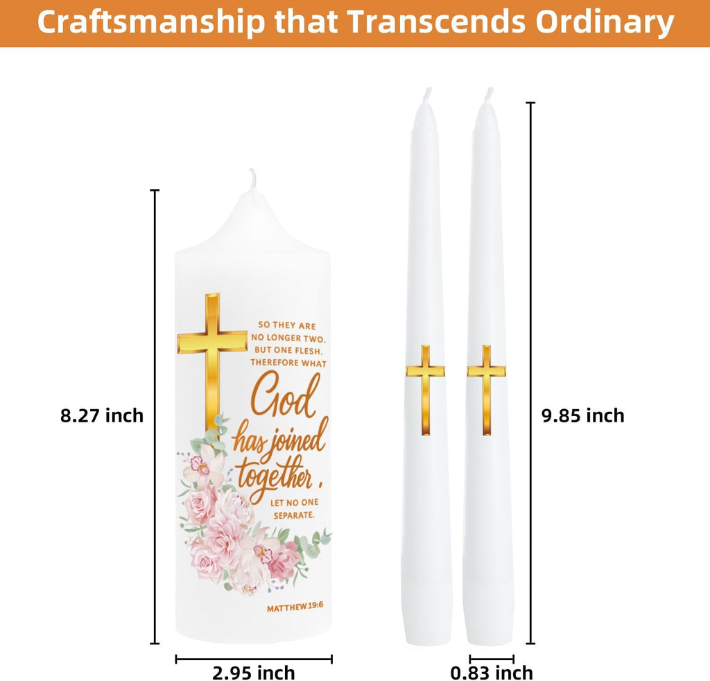Extrogif Unity Floral Candles with Holder for Wedding Ceremony – Wedding Candle Set with Glass Holders – Elegant Pillar Candles with a Gold Cross and the Matthew 19:6 Verse