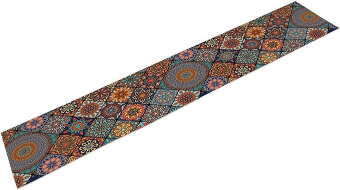 Bohemian Table Runner, Colorful Vintage Indian Mandala Floral Table Runners for Kitchen Dining Coffee Table Indoor Outdoor Party Decor, 13x108inch