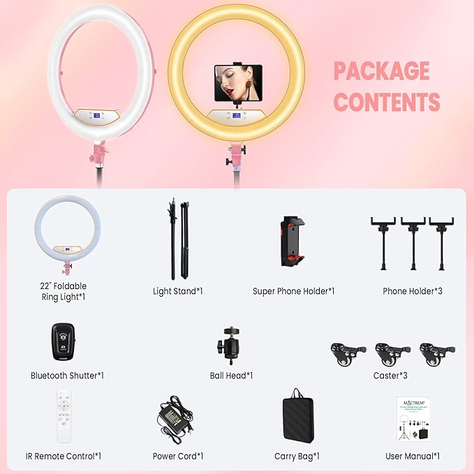 22" Foldable Ring Light with Stand for iPhone ipad, 75" Tripod with Wheels 50W 6500K LED Display/2 USB Ports Large Ringlight Rolling, Tattoo Barber Makeup Studio Video Photography Lighting(Pink)