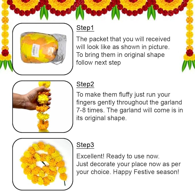 Marigold Garland for Diwali Decorations Pack of 5 - Marigold Artificial Flowers, Indian Marigold Flower Garland for Diwali Decorations (Light Orange Light Yellow | 4 to 4.5 ft) Hashcart®