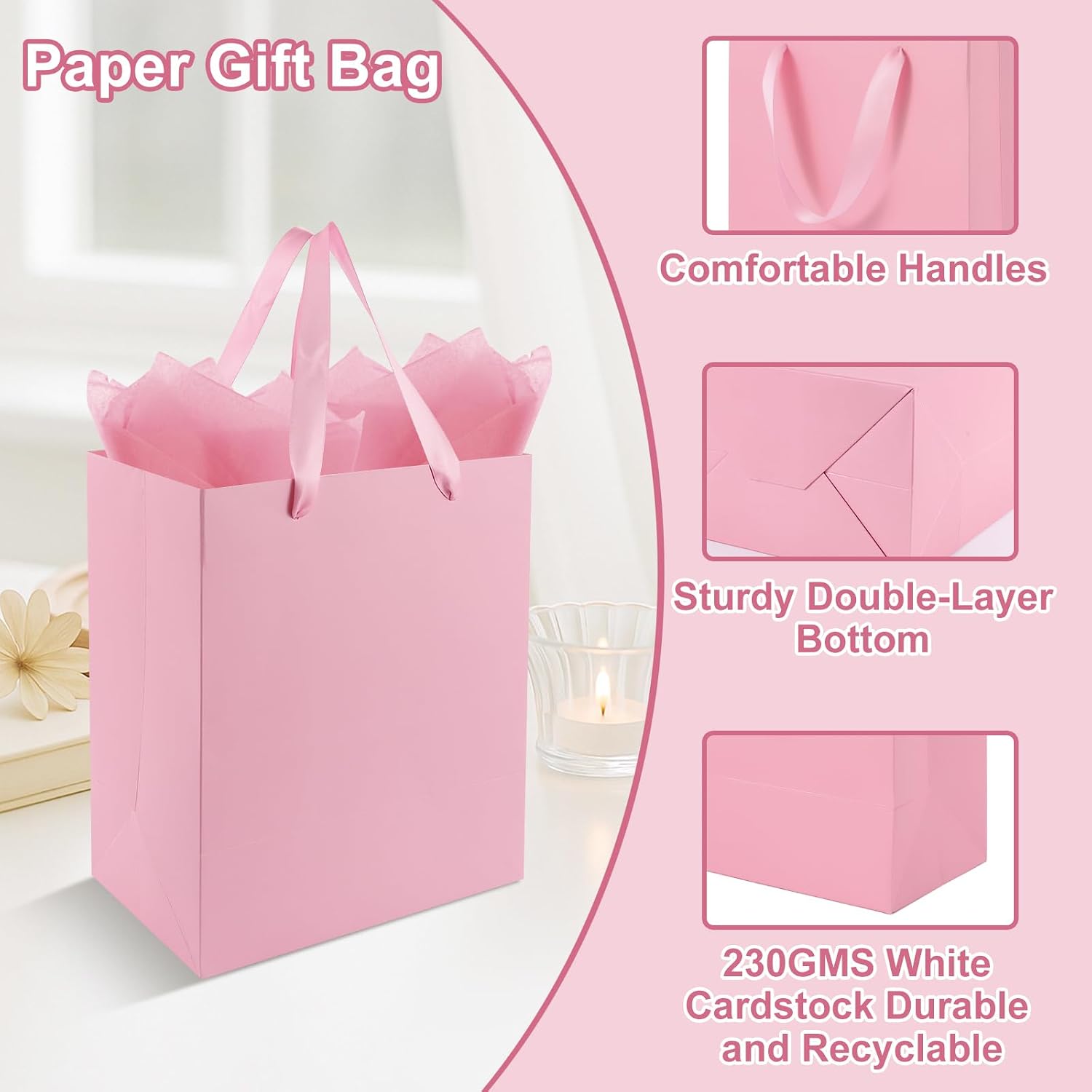 Epoesch 4 Pack Medium Gift Bags With Handles and 8 Tissue Paper, Size 8 X 5 X10 Inch Paper Bags for Birthday Party Baby Shower Wedding Favors or Mother's Day, Father's Day