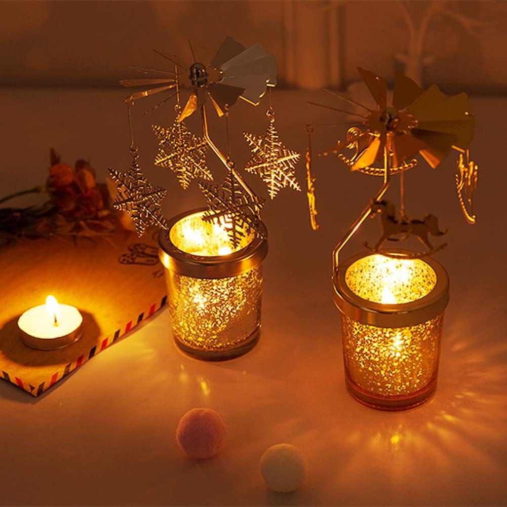 Christmas Candle Holders，Rotating Candlestick，Gold Starlight Glass Candle Holder,Restaurant Wedding Christmas Thanksgiving Wedding Anniversary Table Decoration (Christmas Tree)