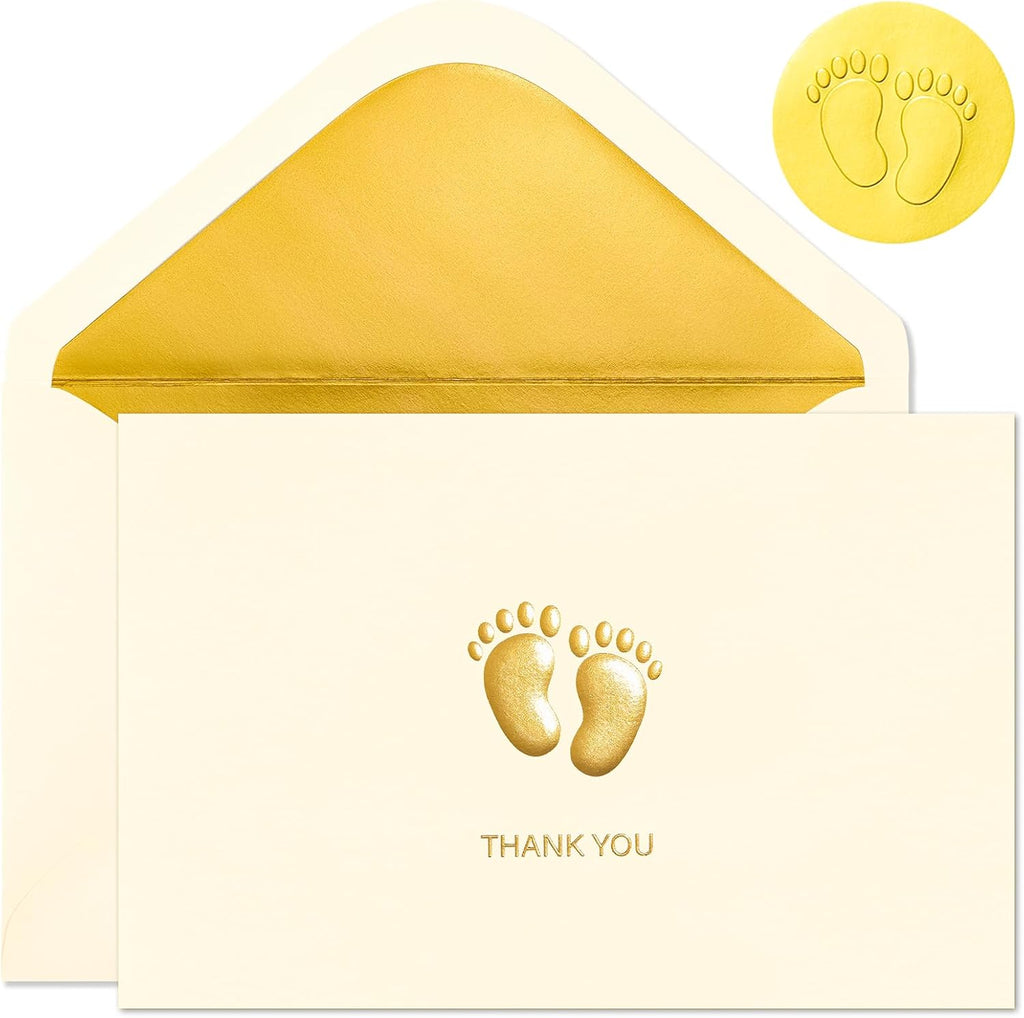 Crisky Embossed Footprint Baby Shower Thank You Cards 50-Pack 4x6 Inch - Heavy 300gsm Cardstock with Gold Foil Envelopes & Stickers for Baby Shower/Birthday