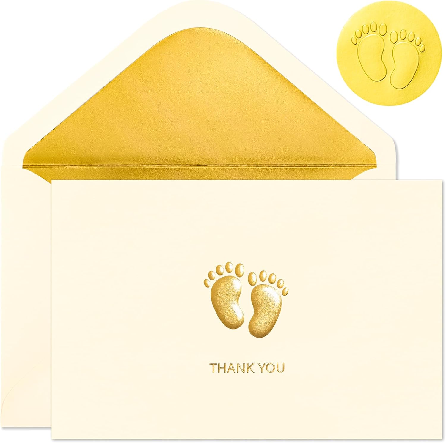 Crisky Embossed Footprint Baby Shower Thank You Cards 50-Pack 4x6 Inch - Heavy 300gsm Cardstock with Gold Foil Envelopes & Stickers for Baby Shower/Birthday