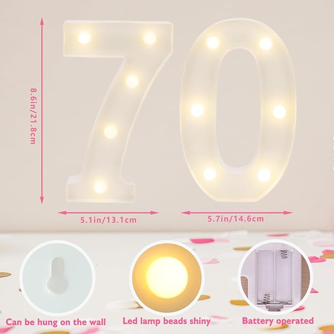 Decorative Led Light Up Numbers, 70th Birthday Decorations, Warm White Led Numbers Lights, Lighted Marquee Number Sign for Sweet 70th Party Decor
