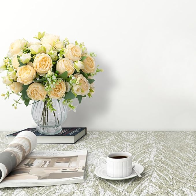 Artificial Peonies Silk Flowers in Glass Vase Faux Flowers Bouquets Modern Penoy Arrangement 4 Pack for Home Decoration Table Centerpiece (Champagne)