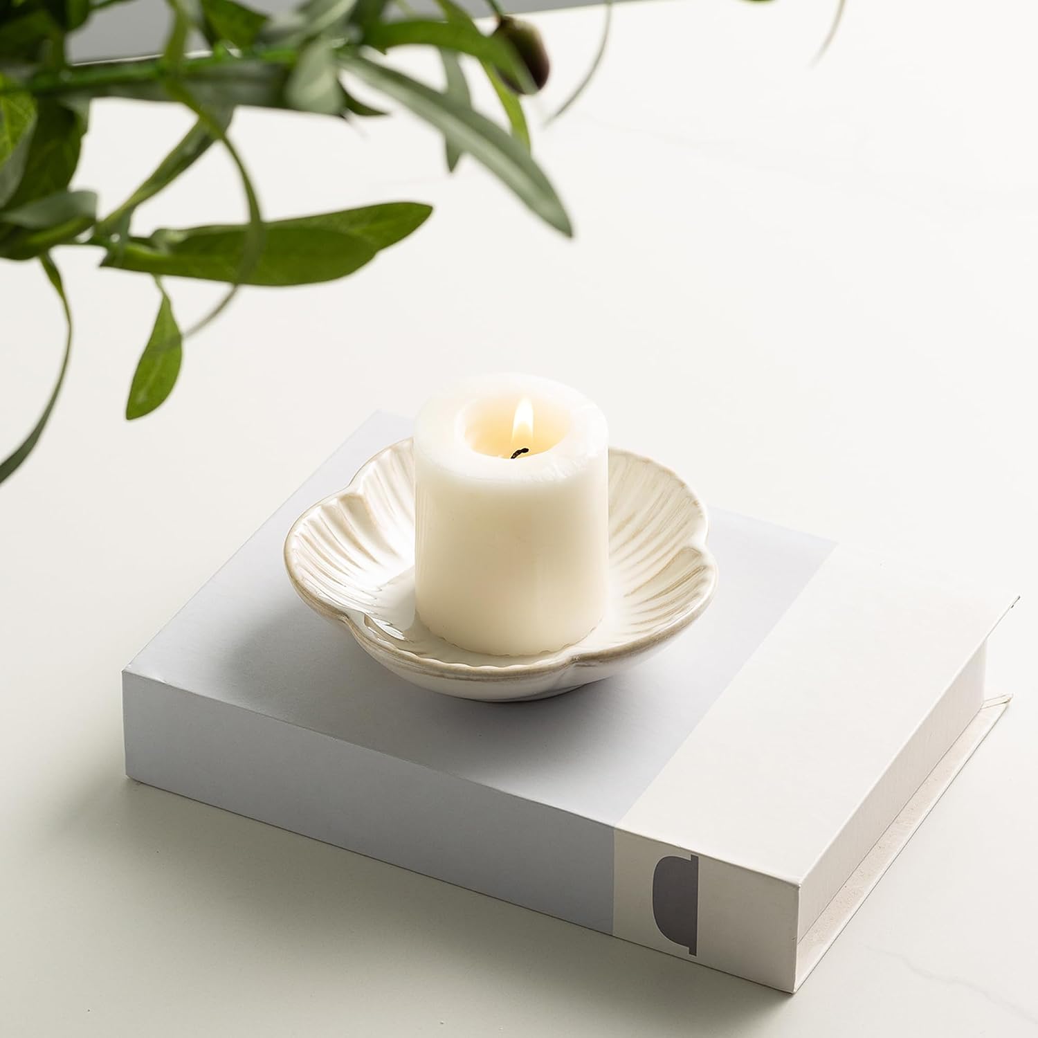 BEUNAIZER Ceramic Pillar Candle Holder, 4.7 in Round Plate Tray for Decor | Works with tealights, flameless pieces, jars or palo santo for flexible styling during dinners, parties or quiet routines.