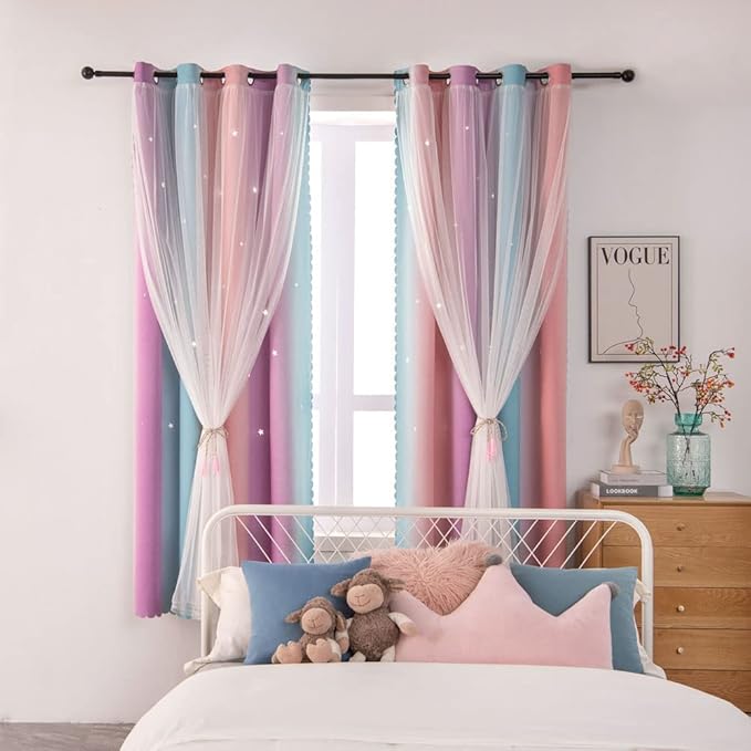 FANLI Ombre Rainbow Blackout Curtains for Kid Girls Bedroom Living Room Darking Stripe Double Layer Star Cut Out Wall Home Decor Gradient Grommet Window Curtains (Pink Purple, 52W x 72L)