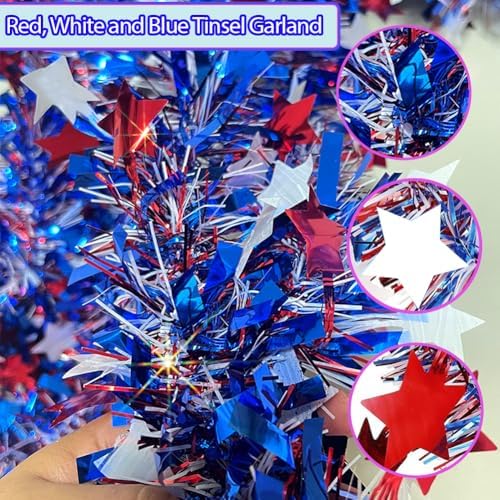 4th of July Red White Blue Star Tinsel Garland - 33 Ft Memorial Day Patriotic Decoration Independence Day Metallic Tree Garland Glitter Tinsel Hanging Twist for Veterans Day Decor