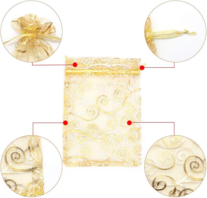 Staruby Organza Gift Bags 100Pcs Gold Sheer Organza Bag 4x6 Inch Mesh Favor Bags Drawstring Jewelry Rattan Printed Gift Pouches for Wedding Party Favors Couple Shower Christmas Gifts Candy Bags
