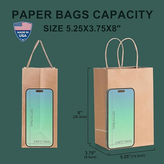 METRONIC Paper Gift Bags 5.25x3.75x8 50Pcs, Christmas Gift Wrap Bags with Handles, Brown Kraft Paper Bag for Small Business, Bulk Party Favors Bag for Birthday, Shopping, Retail, Made in USA