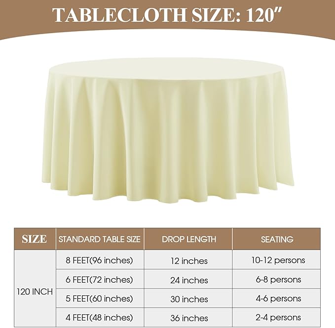 Round Tablecloth 120 Inch Tablecloth 6 Pack Ivory Table Cloths Washable Decorative Polyester TableClothes Cover for Dining Table Banquets Buffet Parties and Wedding