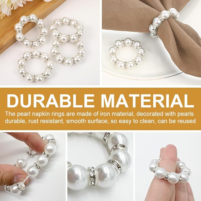 12Pcs Pearl Napkin Rings, Round Napkin Buckles Wedding Beaded White Napkin Rings Silver Napkin Ring Holder for Formal Dinner Reception Party Banquet Table Decor (Sliver)
