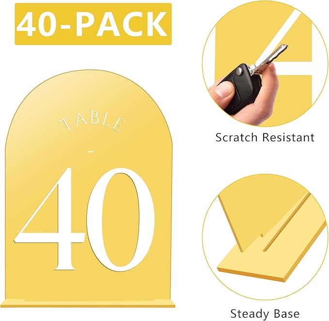 JOYIT Arch Wedding Table Numbers 1-40 with Stands – 5" X 7" Acrylic Mirrored Gold Table Number Holders, Perfect for Wedding Receptions, Parties, Anniversaries, and Events
