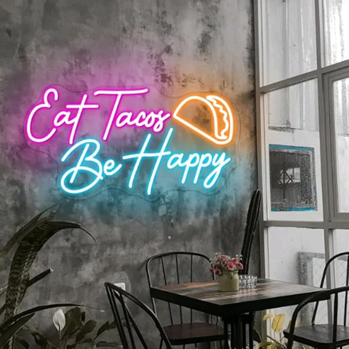 Eat Tacos Be happy Neon Sign, Custom Mexican Restaurant Decor LED Neon Light Kitchen Coffee Bar Shop Wall Taco Party Decoration Food Sign Size:20x10.5inches