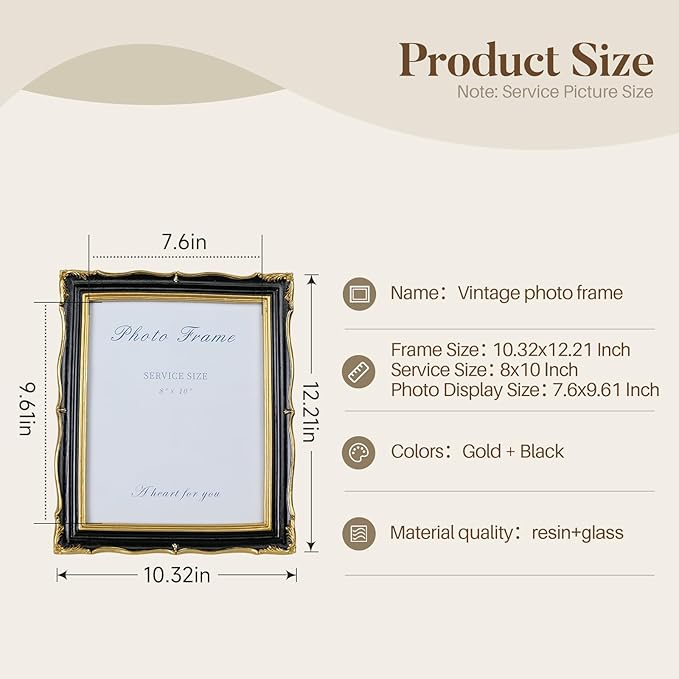 8x10 Black and Gold Picture Frame Vintage Frame, Ornate Textured Hand-Crafted Resin Photo Frames with Glass Front, 8 by 10 Decorative Picture Frame for Wall & Tabletop, Antique Frame Home Decor