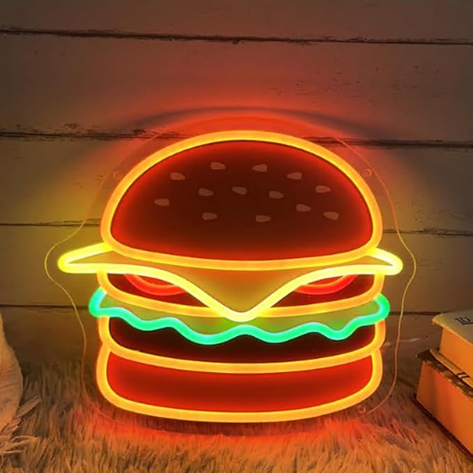 Burger LED Neon Sign, Custom UV Printed Hamburger LED Neon Light Home Kitchen Wall Decor Restaurant Fast Food Shop Decor Burger Lover Gift Size:20 X 17inch
