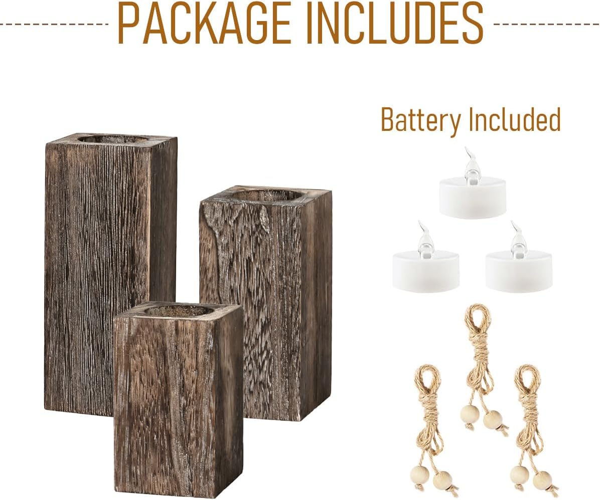MelonBoat Rustic Wood Candle Holders: Farmhouse Candle Holders with Battery Operated Candles，Rustic Farmhouse Decor, Flameless LED Candles 3-Pack for Living Room Party Holiday Home Decor