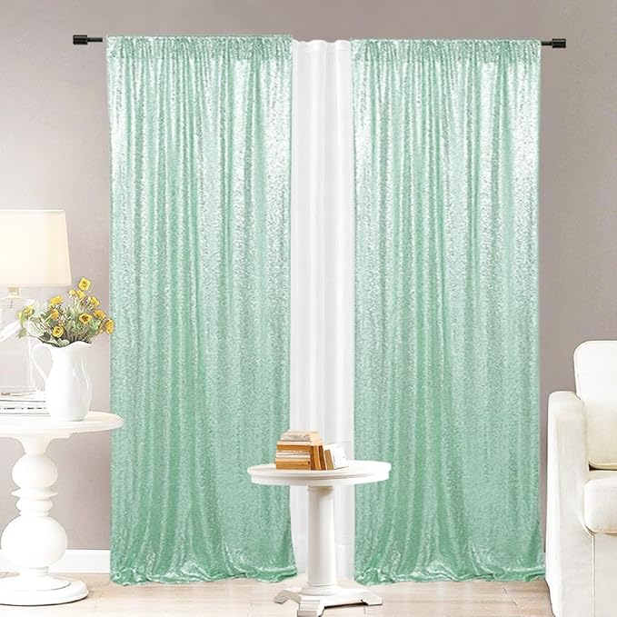 Eternal Beauty Sequin Backdrop Curtains, 2x8 Ft-2 Panels Mint Green Back Drop for Shimmer Photography Party Wedding Birthday Decor