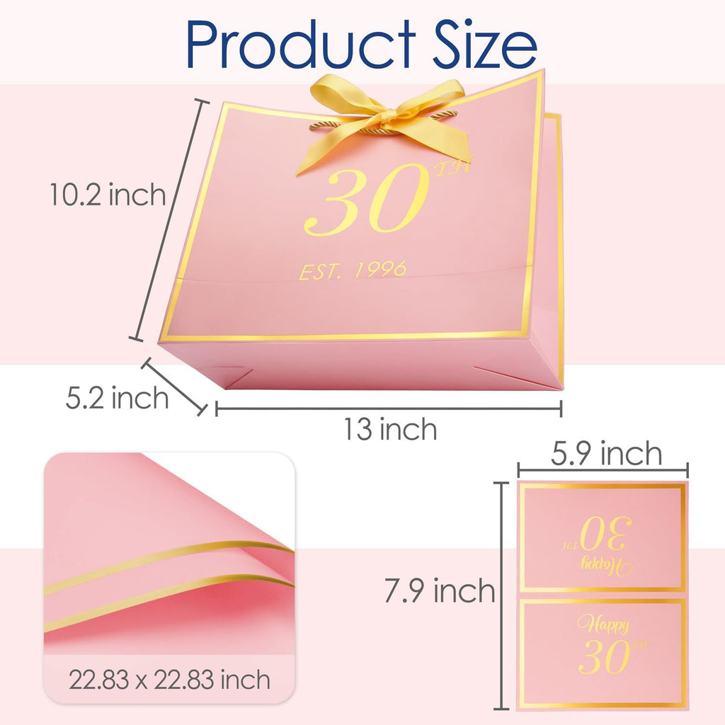 momoake 30th Birthday Gift Bag with Card and Tissue Paper for Women/Her, 1996 30 Year Old 13" Elegant Pink Gold Anniversary Keepsake Party Present Shopping Paper Bags for 30th Birthday Decorations