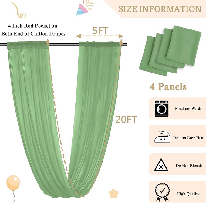 MODFUNS Sage Green Wedding Arch Draping Fabric 5x20ft 4 Panels Sheer Ceiling Curtain Chiffon Swag Curtain Romantic Tulle Arbor Draping for Party Banquet Hall Decoration