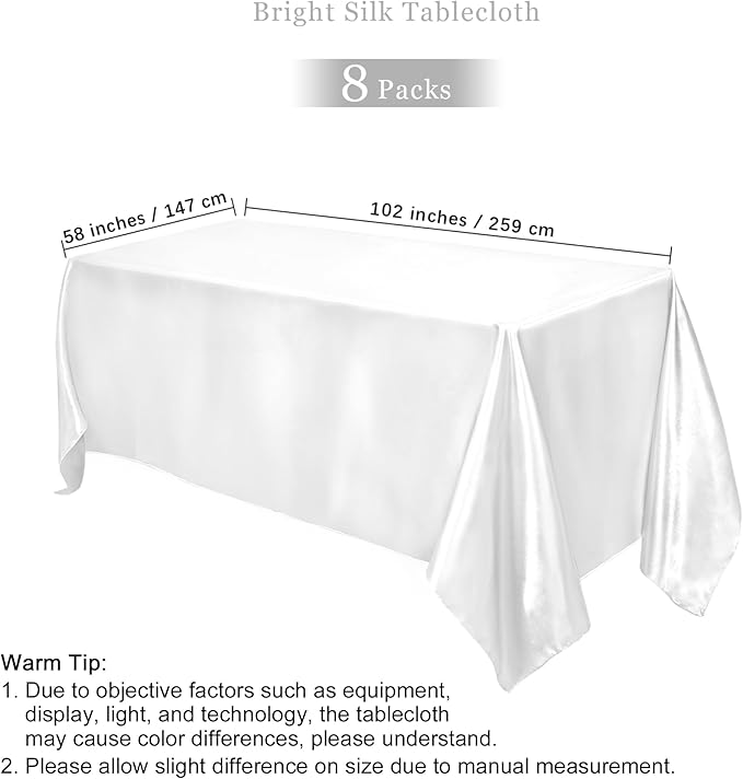 TURSTIN 8 Packs White Satin Tablecloth 102 x 58 Inch Overlay Satin Table Cover Rectangle Bright Silk Tablecloth Smooth Fabric Table Decoration for Wedding Banquet Party Events
