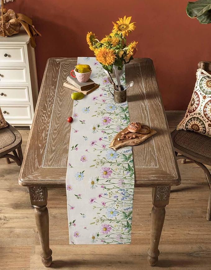 Vintage Wildflowers Cotton Linen Table Runner for Dining Kitchen, Wedding Outdoor Party Tablerunners Decoration, Farm Floral Pink Botanical Plants Dresser Scarf Coffee Tablecloth Runners 13x108 Inches
