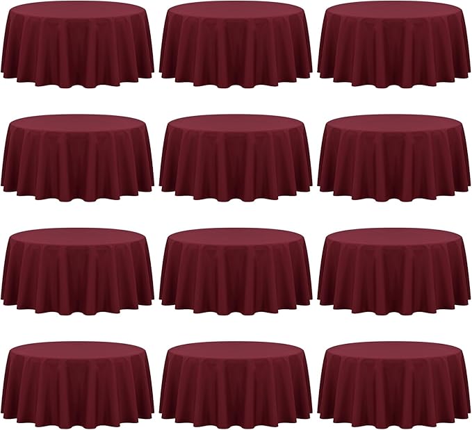 Fani 12 Pack 90 Inch Round Burgundy Polyester Tablecloths for Round Table, Wedding Party, Dining Table, Buffet, Banquet, Restaurant, Camping