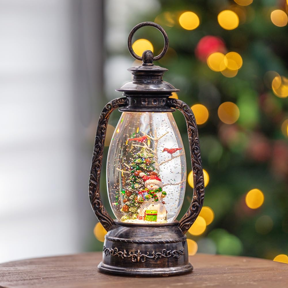 12" Christmas Snow Globe Lantern, Musical Snowman Snow Globes, Indoor Home Christmas Decor, Battery or USB Powered, with 6-Hour Timer, Christmas Decorations