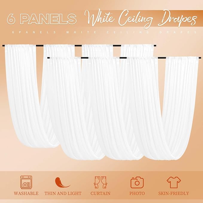 6 Panels White Ceiling Drapes for Wedding 5ftx30ft Ceiling Drapes Wedding Arch Draping Fabric Cheesecloth Sheer Curtain Romantic Ceiling Decorations for Wedding Party Banquet Ceremony Stage