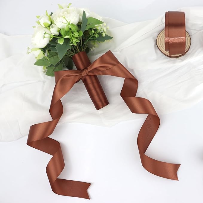 Brown Solid Satin Ribbon 1-1/2 Inch 25 Yards Solid Polyester Fabric Ribbon for Gift Wrapping Wedding Christmas Baby Shower Birthday Party Decoration Handmade Immortal Flower Craft