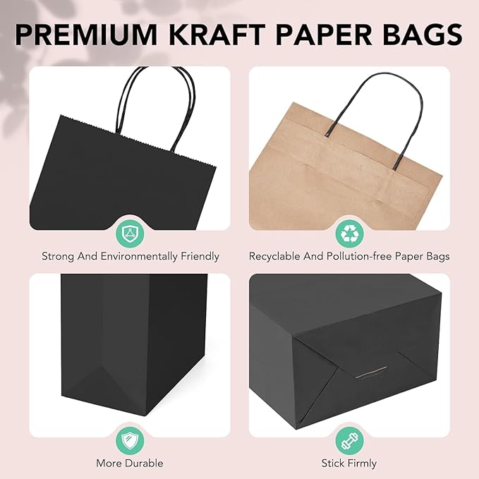 METRONIC Kraft Paper Gift Bags with Handles 5.25x3.75x8 Inch 600 Pcs | Christmas, Birthday Party Favors, Retail Shopping, Small Business Bulk | Black Gift Wrap Bag