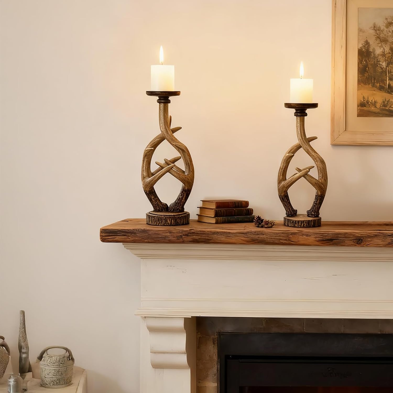 Scenekoy Vintage Antler Candle Holder Set of 2, Large & Medium Farmhouse Candlestick Holders for Table Centerpiece, Pillar Candle Stick Holders Resin Candle Stand for Home Decor Xmas Decorations