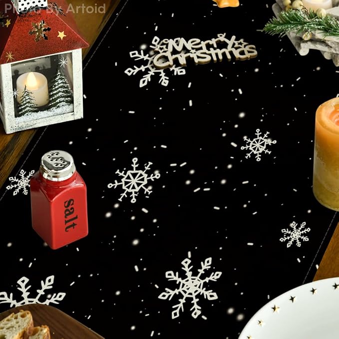 Artoid Mode Black Snowman Snowflake Let it Snow 2PCS Winter Table Runner, Christmas Kitchen Dining Table Decoration for Home Party Decor 13x72 Inch