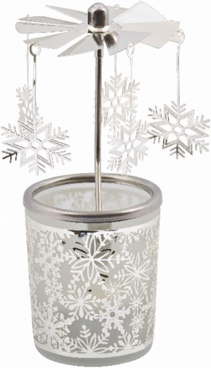 Tealight Candle Holder Carousel – Glass Wind Light with Snowflake Motif, Height 5.9 Inches, TEALIGHT Included – Perfect for Christmas, Winter, and Holiday Home Décor