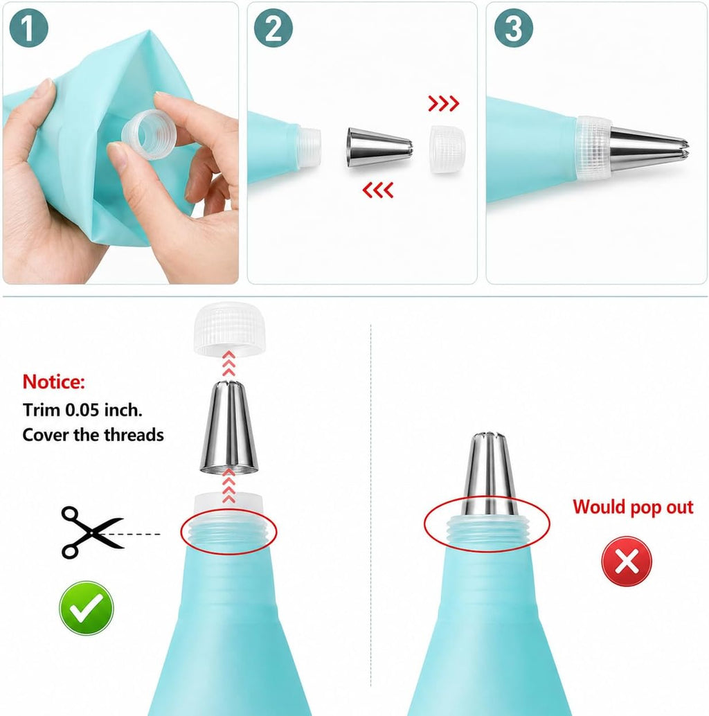 15-Piece Piping Bags and Tips Set, Cake Decorating Kit with 6 Stainless Steel Icing Tips, 2 Reusable Blue EVA Pastry Bags, 2 Couplers, 2 Silicone Ties and 3 Cake Scrapers for Baking