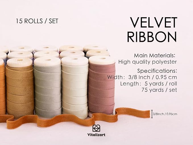 Vitalizart Velvet Ribbon Set 3/8" x 75 Yd Wooden Spool Fabric Trim 15 Rolls * 5 Yd for Christmas Wreath Decoration Handmade Craft Ornaments Gift Wrapping & Bow Making
