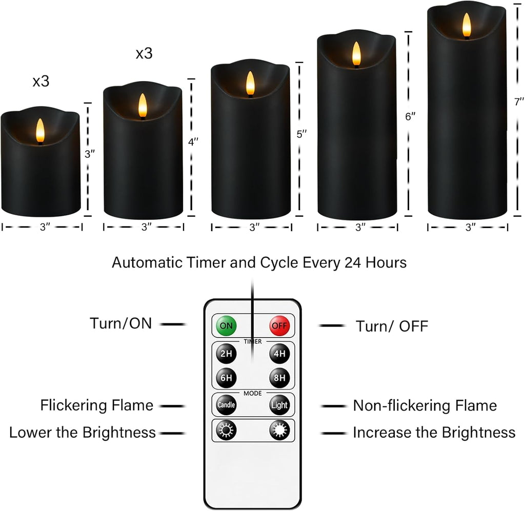 nimiko flameless candles with remote, battery operated flickering showing dimensions