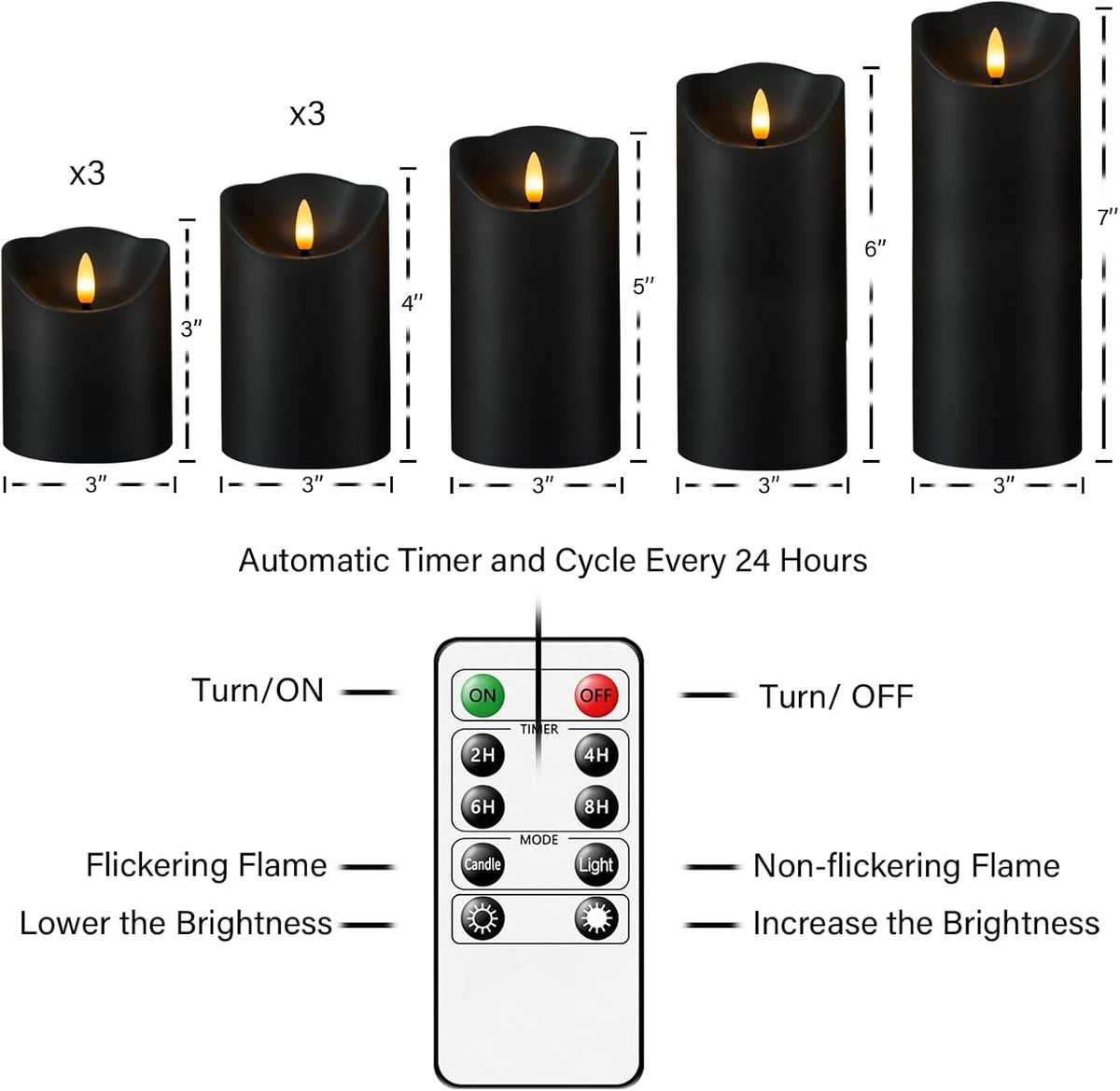 nimiko flameless candles with remote, battery operated flickering showing dimensions