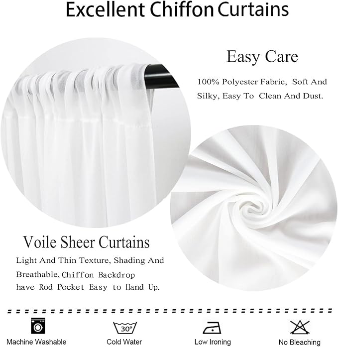 DUOBAO White Chiffon Backdrop Curtain-2 Panels 29"x120" Sheer Weddings Drapes Beach Curtains for Living Room Voile Window Drape Photography Background for Wedding Ceremony