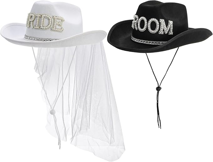 Frcctre 2 Pcs Bride Cowgirl Hat with Veil, Black Groom Cowboy Hat, Rhinestone Bride and Groom Cowboy Hats Wedding Bridal Shower Bachelorette Party Decoration Western Party Dress Up Accessories