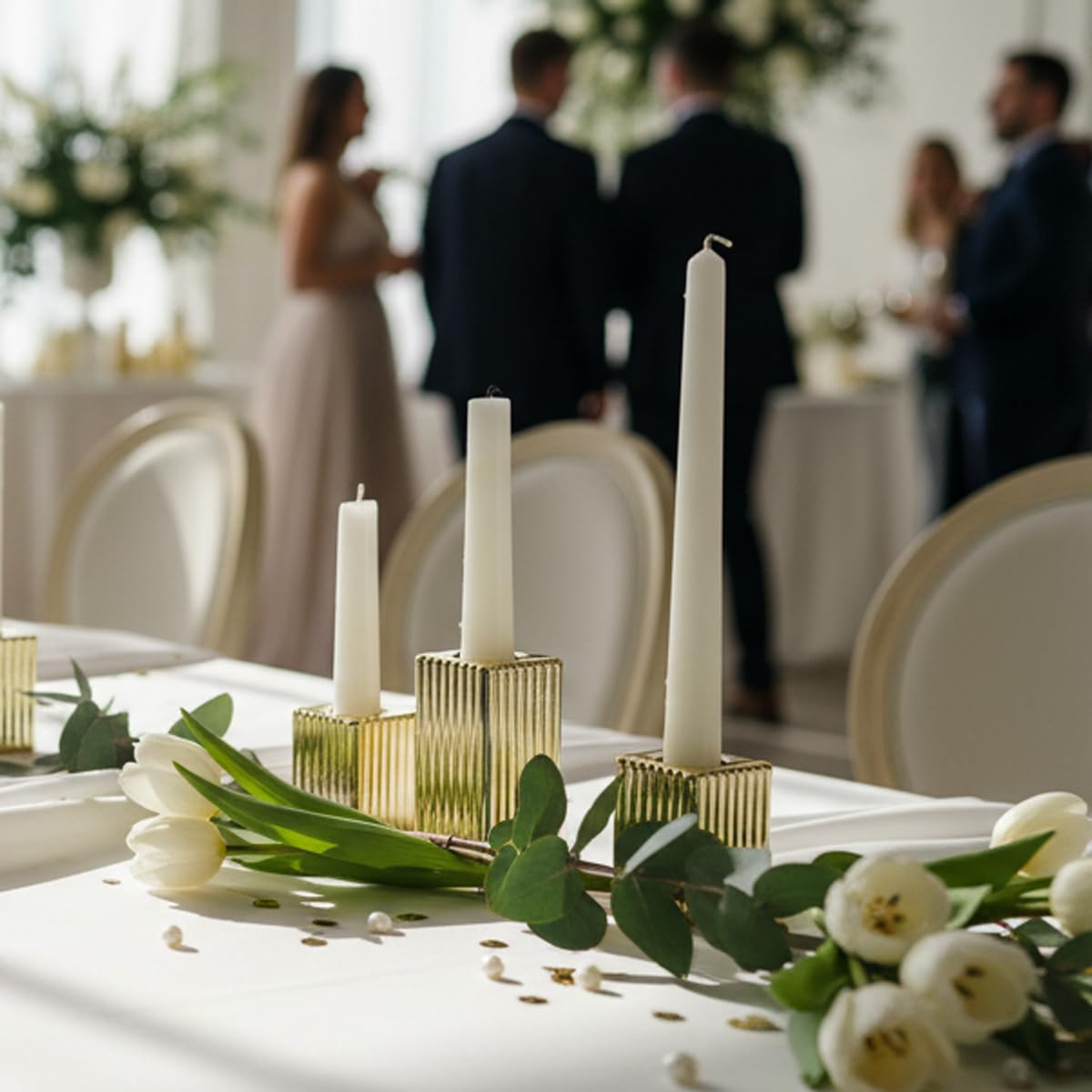 LETINE 12pcs Gold Vertical Stripe Glass Candlestick Holders - Chic Taper Candle Sticks Holder Set for Elegant Dining & Home Decor - Ideal for Christmas, Halloween, Thanksgiving