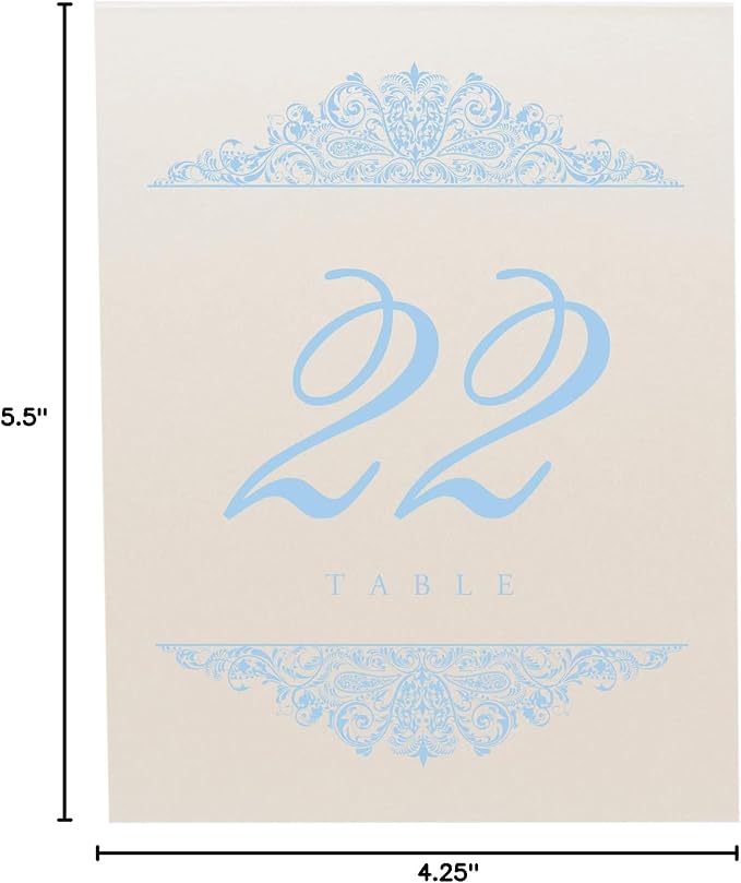 Paisley Wedding Table Numbers (Select Color/Quantity), Champagne, Light Blue, 1-15, Double Sided, Tent or Use in a Stand, Great for Parties & Restaurants - Made in the USA